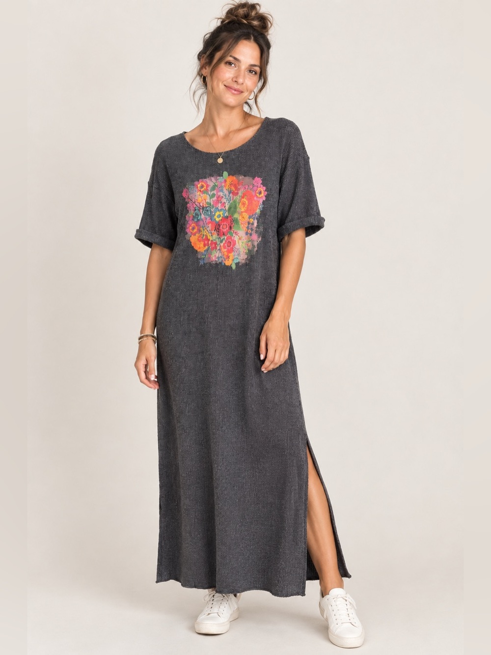 Natural Life Rowan Waffle Knit Floral Maxi Dress Size M Gray Boho